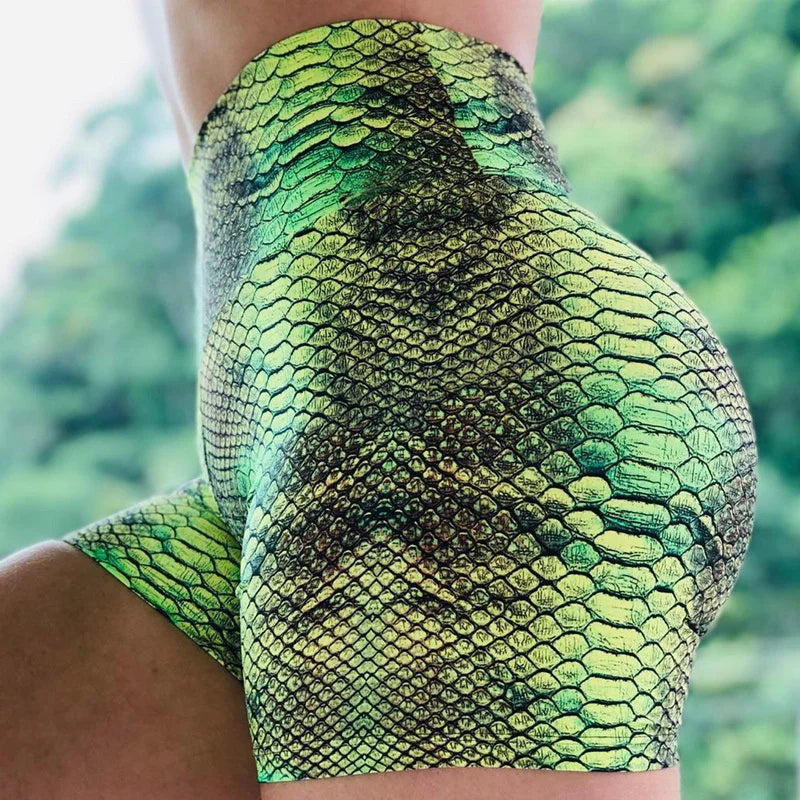 Green Snakeskin 3D Print Shorts Leggings Sport Women